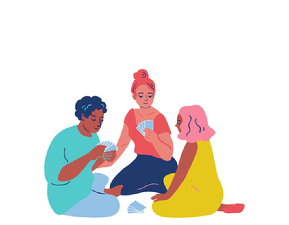 Illustration of three friends sitting in a circle playing cards